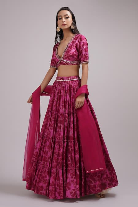 Shop_Breathe By Aakanksha Singh_Purple Organza, Silk Sequins V-neck Chrisoula Print Lehenga Set _Online_at_Aza_Fashions