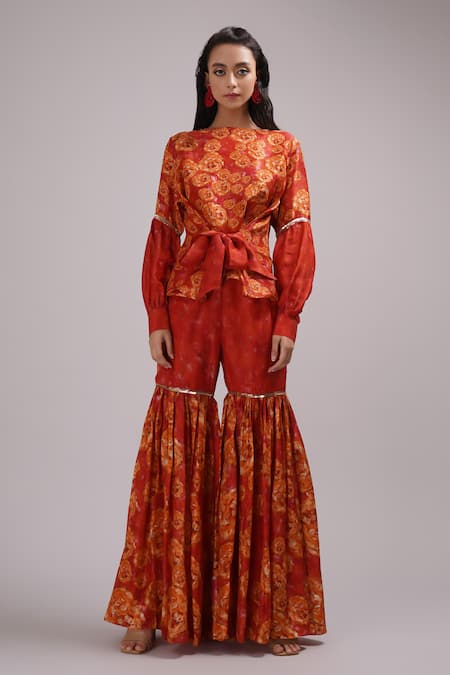 Buy_Breathe By Aakanksha Singh_Orange Silk Cinnamon Abstract Print Top With Sharara For Kids_Online_at_Aza_Fashions