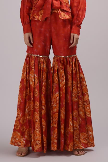 Shop_Breathe By Aakanksha Singh_Orange Silk Cinnamon Abstract Print Top With Sharara For Kids_Online_at_Aza_Fashions