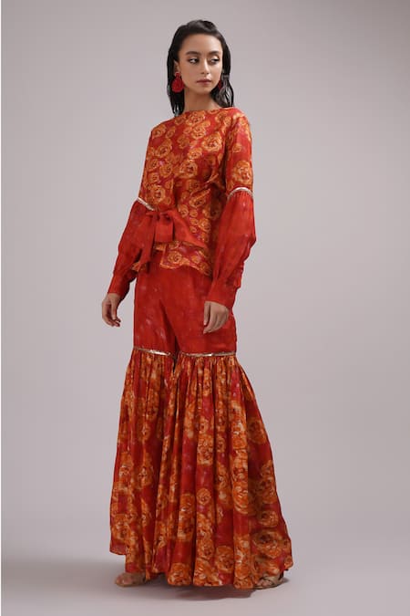 Breathe By Aakanksha Singh_Orange Silk Cinnamon Abstract Print Top With Sharara For Kids_at_Aza_Fashions