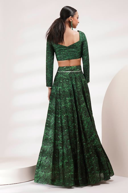 Shop Breathe By Aakanksha Singh Green Organza, Cotton, Silk Embroidery Polo Clover Abstract Print Lehenga Set at Aza Fashions Shop_Breathe By Aakanksha Singh_Green Organza, Cotton, Silk Embroidery Polo Clover Abstract Print Lehenga Set _at_Aza_Fashions