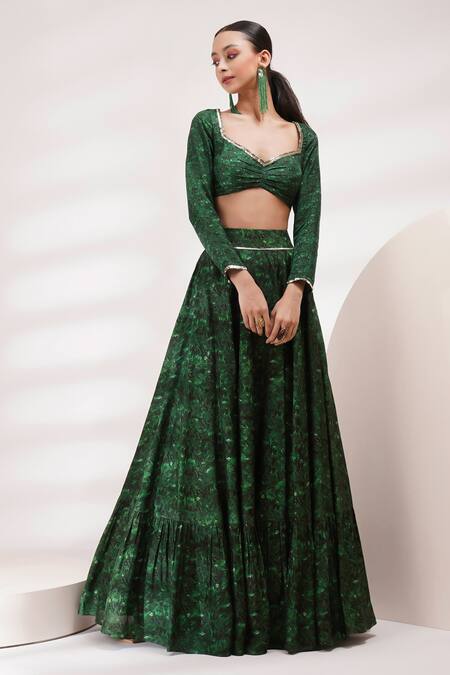 Buy Breathe By Aakanksha Singh Green Organza, Cotton, Silk Embroidery Polo Clover Abstract Print Lehenga Set Online at Aza Fashions Buy_Breathe By Aakanksha Singh_Green Organza, Cotton, Silk Embroidery Polo Clover Abstract Print Lehenga Set _Online_at_Aza_Fashions