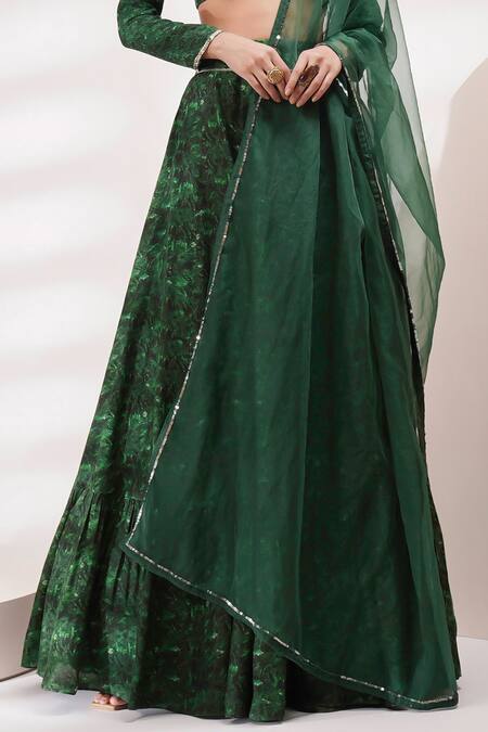 Shop Breathe By Aakanksha Singh Green Organza, Cotton, Silk Embroidery Polo Clover Abstract Print Lehenga Set Online at Aza Fashions Shop_Breathe By Aakanksha Singh_Green Organza, Cotton, Silk Embroidery Polo Clover Abstract Print Lehenga Set _Online_at_Aza_Fashions