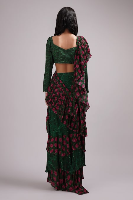 Shop Breathe By Aakanksha Singh Green Chiffon, Cotton, Silk Sweetheart Cosmos Print Pre-draped Saree With Blouse at Aza Fashions Shop_Breathe By Aakanksha Singh_Green Chiffon, Cotton, Silk Sweetheart Cosmos Print Pre-draped Saree With Blouse _at_Aza_Fashions