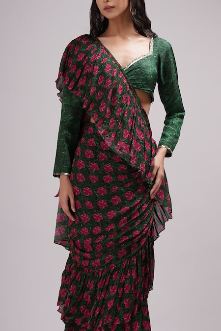 Breathe By Aakanksha Singh Green Chiffon, Cotton, Silk Sweetheart Cosmos Print Pre-draped Saree With Blouse Online at Aza Fashions Breathe By Aakanksha Singh_Green Chiffon, Cotton, Silk Sweetheart Cosmos Print Pre-draped Saree With Blouse _Online_at_Aza_Fashions