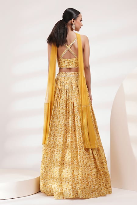 Shop_Breathe By Aakanksha Singh_Yellow Cotton, Silk Sweetheart Neck Daisy Abstract Print Lehenga Set _at_Aza_Fashions