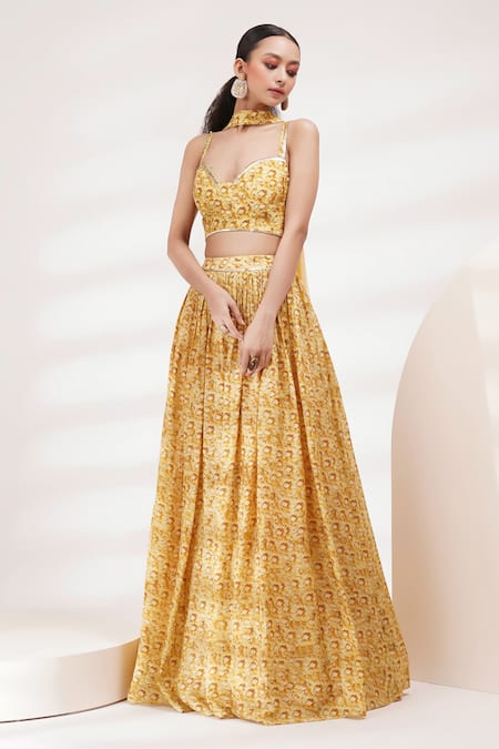 Buy_Breathe By Aakanksha Singh_Yellow Cotton, Silk Sweetheart Neck Daisy Abstract Print Lehenga Set _Online_at_Aza_Fashions