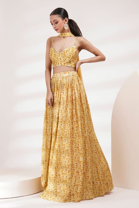 Shop_Breathe By Aakanksha Singh_Yellow Cotton, Silk Sweetheart Neck Daisy Abstract Print Lehenga Set _Online_at_Aza_Fashions