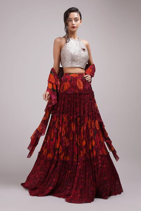 Buy_Breathe By Aakanksha Singh_Wine Silk, Polyester Sequins, Embroidery Halter Neck Dandelion Print Lehenga Set _Online_at_Aza_Fashions