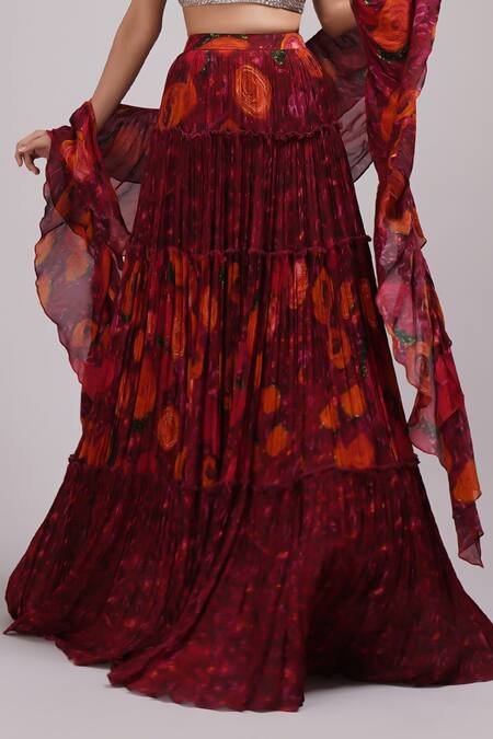 Shop_Breathe By Aakanksha Singh_Wine Silk, Polyester Sequins, Embroidery Halter Neck Dandelion Print Lehenga Set _Online_at_Aza_Fashions