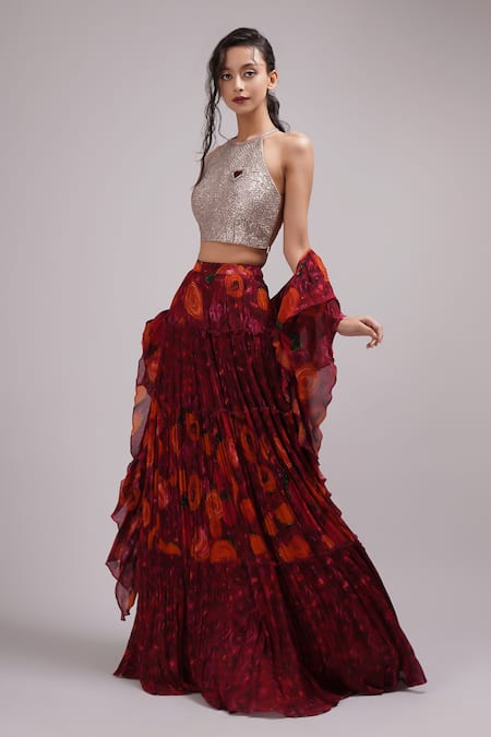 Breathe By Aakanksha Singh_Wine Silk, Polyester Sequins, Embroidery Halter Neck Dandelion Print Lehenga Set _at_Aza_Fashions