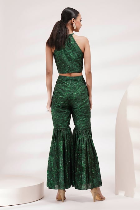 Shop Breathe By Aakanksha Singh Green Chiffon, Cotton, Silk Halter Neck Delta Print Blouse Sharara Set at Aza Fashions Shop_Breathe By Aakanksha Singh_Green Chiffon, Cotton, Silk Halter Neck Delta Print Blouse Sharara Set _at_Aza_Fashions
