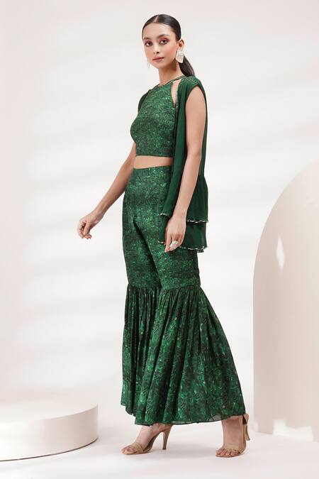 Shop Breathe By Aakanksha Singh Green Chiffon, Cotton, Silk Halter Neck Delta Print Blouse Sharara Set Online at Aza Fashions Shop_Breathe By Aakanksha Singh_Green Chiffon, Cotton, Silk Halter Neck Delta Print Blouse Sharara Set _Online_at_Aza_Fashions