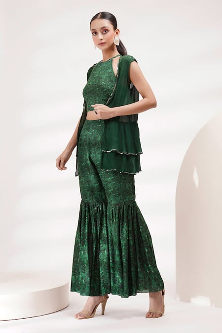 Breathe By Aakanksha Singh Green Chiffon, Cotton, Silk Halter Neck Delta Print Blouse Sharara Set at Aza Fashions Breathe By Aakanksha Singh_Green Chiffon, Cotton, Silk Halter Neck Delta Print Blouse Sharara Set _at_Aza_Fashions