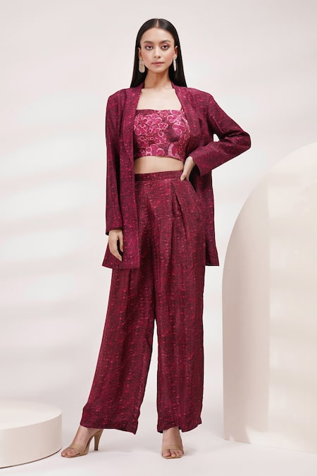 Breathe by Aakanksha Singh Purple Upada Silk Print Abstract Blazer Open Neck Echium Pant Set 