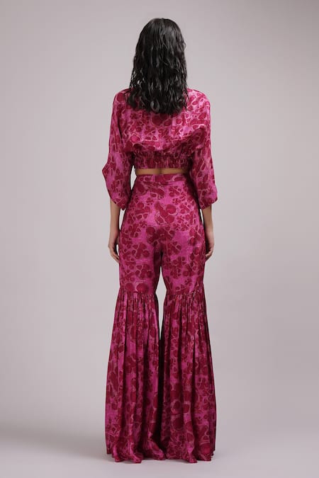 Shop Breathe By Aakanksha Singh Purple Silk Embroidery, Sequins V-neck Elestren Print Cropped Top With Sharara at Aza Fashions Shop_Breathe By Aakanksha Singh_Purple Silk Embroidery, Sequins V-neck Elestren Print Cropped Top With Sharara _at_Aza_Fashions