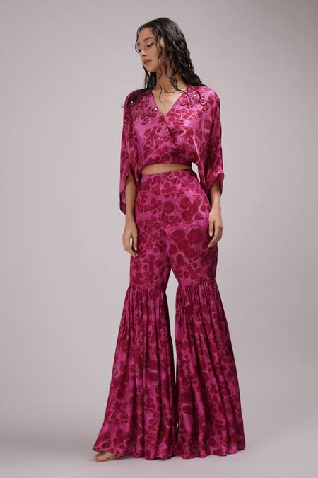 Buy Breathe By Aakanksha Singh Purple Silk Embroidery, Sequins V-neck Elestren Print Cropped Top With Sharara Online at Aza Fashions Buy_Breathe By Aakanksha Singh_Purple Silk Embroidery, Sequins V-neck Elestren Print Cropped Top With Sharara _Online_at_Aza_Fashions