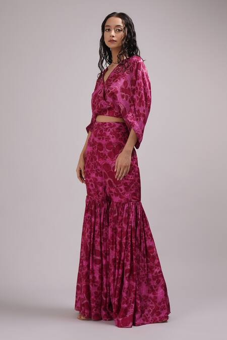 Shop Breathe By Aakanksha Singh Purple Silk Embroidery, Sequins V-neck Elestren Print Cropped Top With Sharara Online at Aza Fashions Shop_Breathe By Aakanksha Singh_Purple Silk Embroidery, Sequins V-neck Elestren Print Cropped Top With Sharara _Online_at_Aza_Fashions