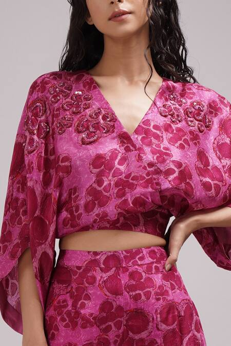 Breathe By Aakanksha Singh Purple Silk Embroidery, Sequins V-neck Elestren Print Cropped Top With Sharara at Aza Fashions Breathe By Aakanksha Singh_Purple Silk Embroidery, Sequins V-neck Elestren Print Cropped Top With Sharara _at_Aza_Fashions