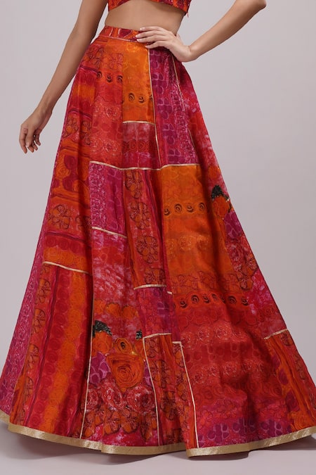 Breathe By Aakanksha Singh_Orange Georgette, Silk Embroidery Round Neck Eliza Print Lehenga Set _Online_at_Aza_Fashions