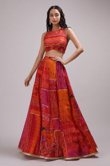 Buy_Breathe By Aakanksha Singh_Orange Georgette, Silk Embroidery Round Neck Eliza Print Lehenga Set _Online_at_Aza_Fashions