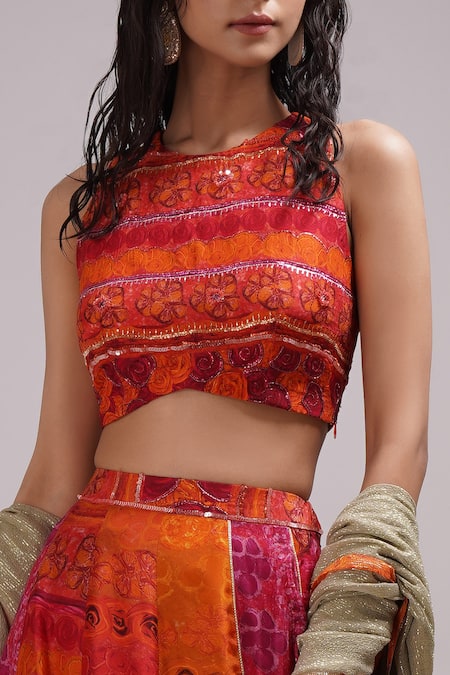 Shop_Breathe By Aakanksha Singh_Orange Georgette, Silk Embroidery Round Neck Eliza Print Lehenga Set _Online_at_Aza_Fashions