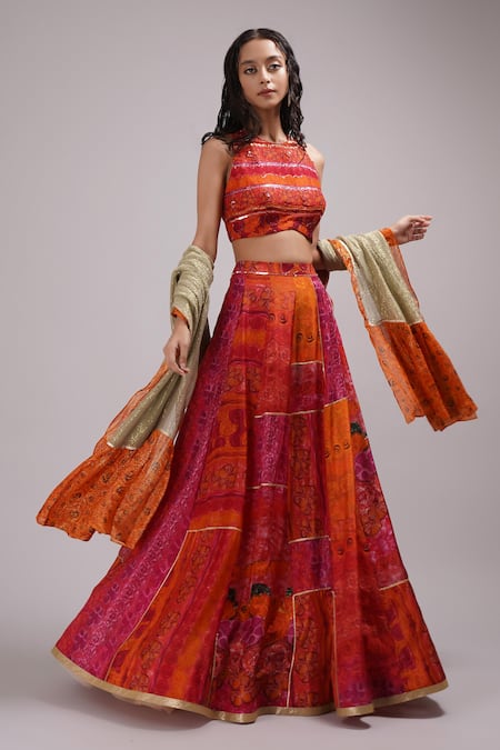 Breathe By Aakanksha Singh_Orange Georgette, Silk Embroidery Round Neck Eliza Print Lehenga Set _at_Aza_Fashions
