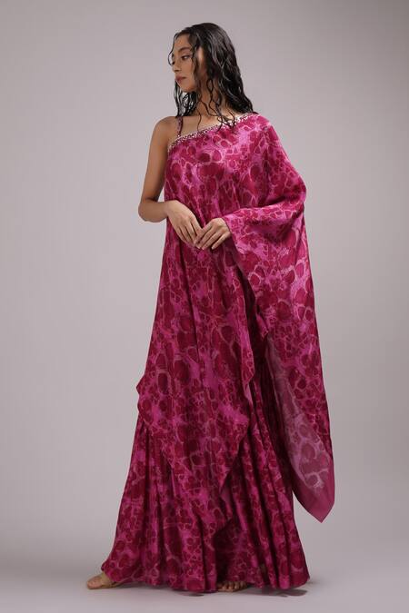 Buy_Breathe By Aakanksha Singh_Purple , Chanderi Sequins Asymmetric Embelia Print Tunic With Sharara _Online_at_Aza_Fashions