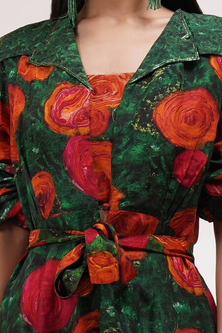 Breathe By Aakanksha Singh_Green Cotton, Silk Embroidery Collared Ester Print Jacket Pant Set _Online_at_Aza_Fashions