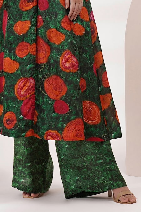 Buy_Breathe By Aakanksha Singh_Green Cotton, Silk Embroidery Collared Ester Print Jacket Pant Set _Online_at_Aza_Fashions