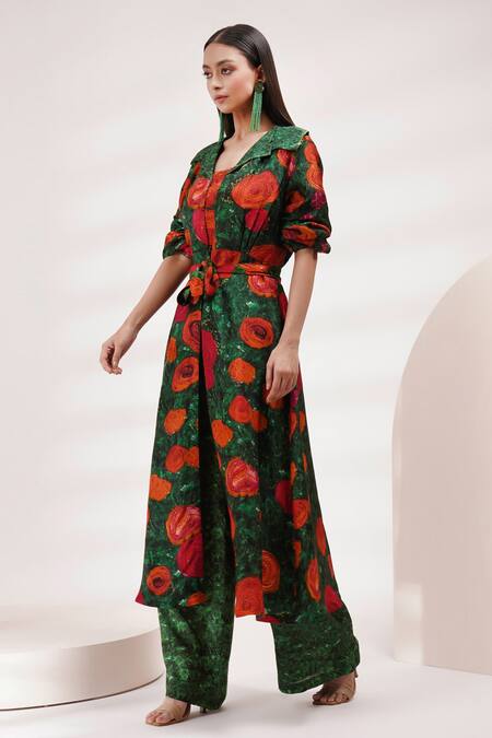 Shop_Breathe By Aakanksha Singh_Green Cotton, Silk Embroidery Collared Ester Print Jacket Pant Set _Online_at_Aza_Fashions