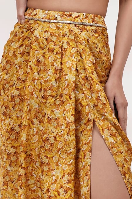 Breathe By Aakanksha Singh_Yellow Cotton, Silk Round Neck Fairy Abstract Print Top With Draped Skirt _Online_at_Aza_Fashions