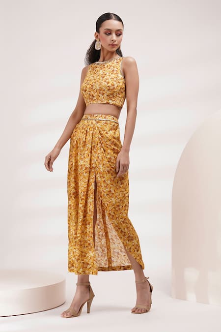 Buy_Breathe By Aakanksha Singh_Yellow Cotton, Silk Round Neck Fairy Abstract Print Top With Draped Skirt _Online_at_Aza_Fashions
