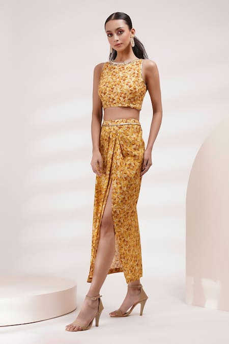 Shop_Breathe By Aakanksha Singh_Yellow Cotton, Silk Round Neck Fairy Abstract Print Top With Draped Skirt _Online_at_Aza_Fashions