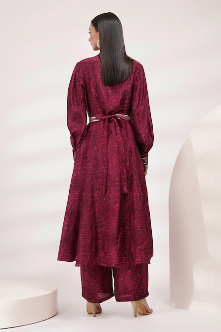 Shop Breathe By Aakanksha Singh Purple Cotton, Silk Embroidery V-neck Sakura Printed Kurta Pant Set at Aza Fashions Shop_Breathe By Aakanksha Singh_Purple Cotton, Silk Embroidery V-neck Sakura Printed Kurta Pant Set _at_Aza_Fashions