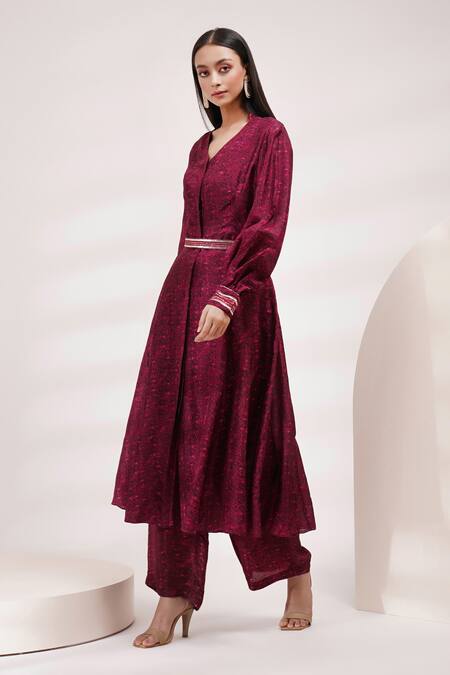 Shop Breathe By Aakanksha Singh Purple Cotton, Silk Embroidery V-neck Sakura Printed Kurta Pant Set Online at Aza Fashions Shop_Breathe By Aakanksha Singh_Purple Cotton, Silk Embroidery V-neck Sakura Printed Kurta Pant Set _Online_at_Aza_Fashions