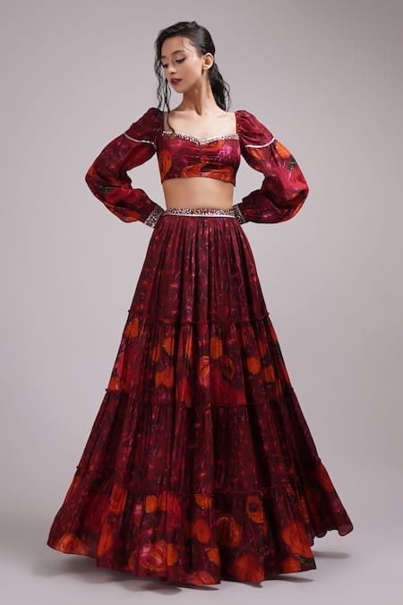 Breathe By Aakanksha Singh Wine Silk Sequins Sweetheart Neck Marguerite Abstract Print Lehenga With Blouse Online at Aza Fashions Breathe By Aakanksha Singh_Wine Silk Sequins Sweetheart Neck Marguerite Abstract Print Lehenga With Blouse _Online_at_Aza_Fashions