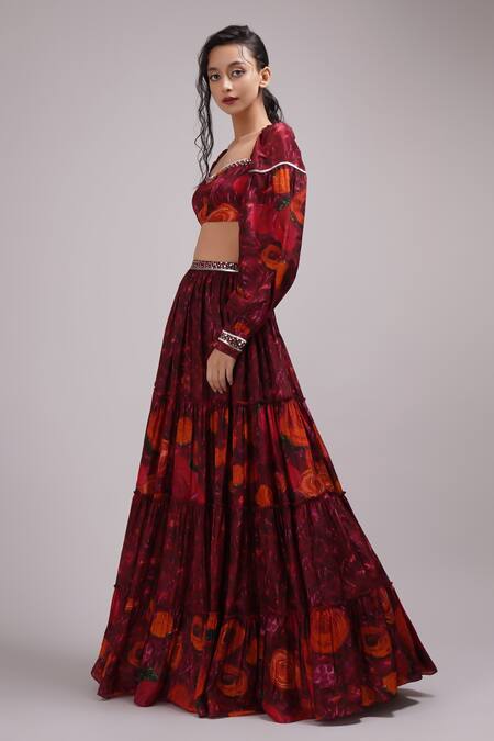 Shop Breathe By Aakanksha Singh Wine Silk Sequins Sweetheart Neck Marguerite Abstract Print Lehenga With Blouse Online at Aza Fashions Shop_Breathe By Aakanksha Singh_Wine Silk Sequins Sweetheart Neck Marguerite Abstract Print Lehenga With Blouse _Online_at_Aza_Fashions