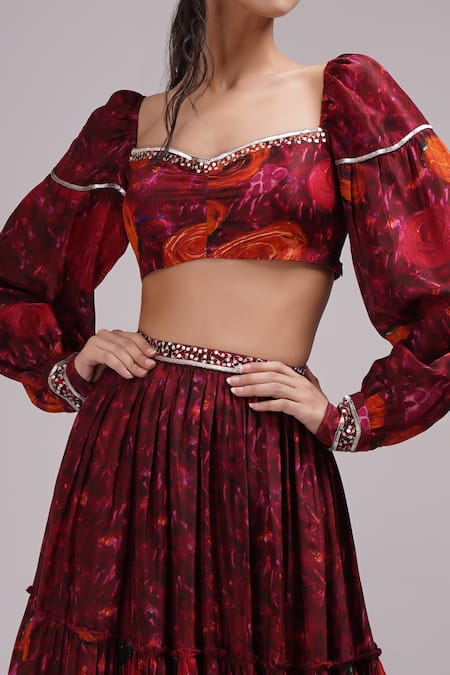 Breathe By Aakanksha Singh Wine Silk Sequins Sweetheart Neck Marguerite Abstract Print Lehenga With Blouse at Aza Fashions Breathe By Aakanksha Singh_Wine Silk Sequins Sweetheart Neck Marguerite Abstract Print Lehenga With Blouse _at_Aza_Fashions