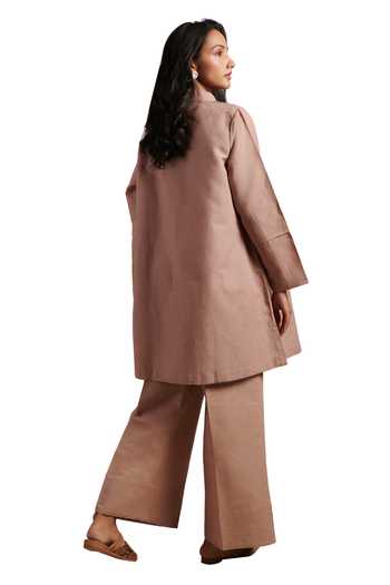 Moh India_Pink Linen, Cotton Collared Tunic And Pant Set _Online_at_Aza_Fashions