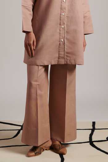 Buy_Moh India_Pink Linen, Cotton Collared Tunic And Pant Set _Online_at_Aza_Fashions