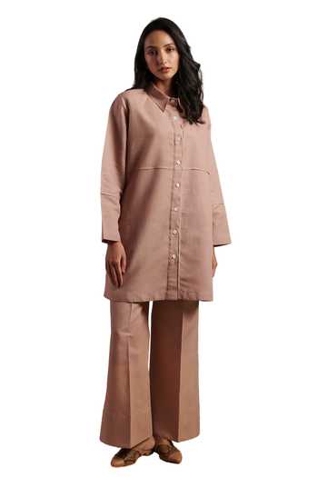Shop_Moh India_Pink Linen, Cotton Collared Tunic And Pant Set _Online_at_Aza_Fashions