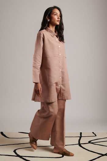 Moh India_Pink Linen, Cotton Collared Tunic And Pant Set _at_Aza_Fashions