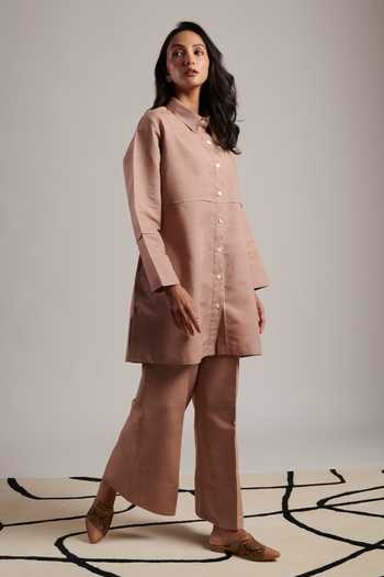 Buy_Moh India_Pink Linen, Cotton Collared Tunic And Pant Set 