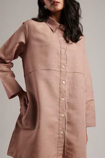 Shop_Moh India_Pink Linen, Cotton Collared Tunic And Pant Set 
