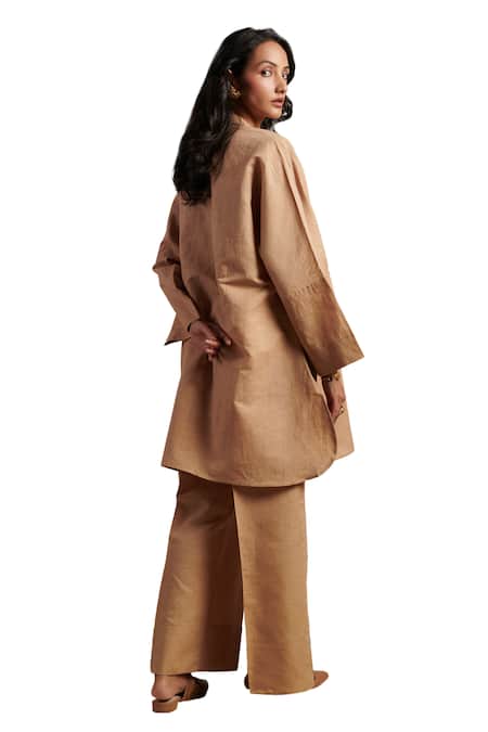 Moh India_Beige Linen Mandarin Collar Nirvana Honey Tunic And Trouser Co-ord Set _Online_at_Aza_Fashions