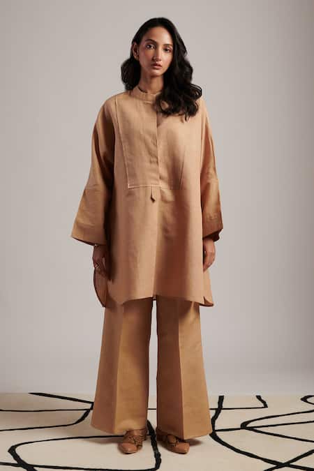 Buy_Moh India_Beige Linen Mandarin Collar Nirvana Honey Tunic And Trouser Co-ord Set _Online_at_Aza_Fashions