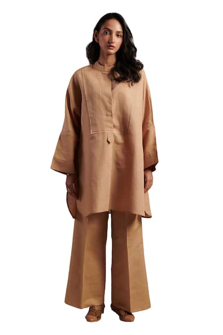 Shop_Moh India_Beige Linen Mandarin Collar Nirvana Honey Tunic And Trouser Co-ord Set _Online_at_Aza_Fashions