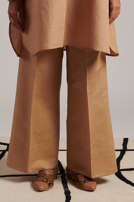 Moh India_Beige Linen Mandarin Collar Nirvana Honey Tunic And Trouser Co-ord Set _at_Aza_Fashions