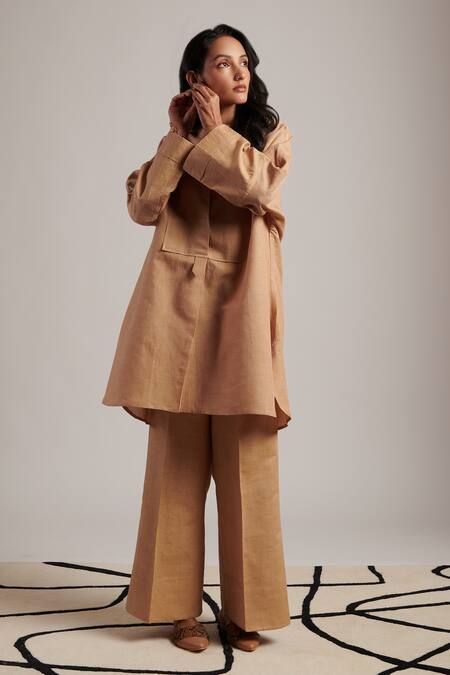 Buy_Moh India_Beige Linen Mandarin Collar Nirvana Honey Tunic And Trouser Co-ord Set 